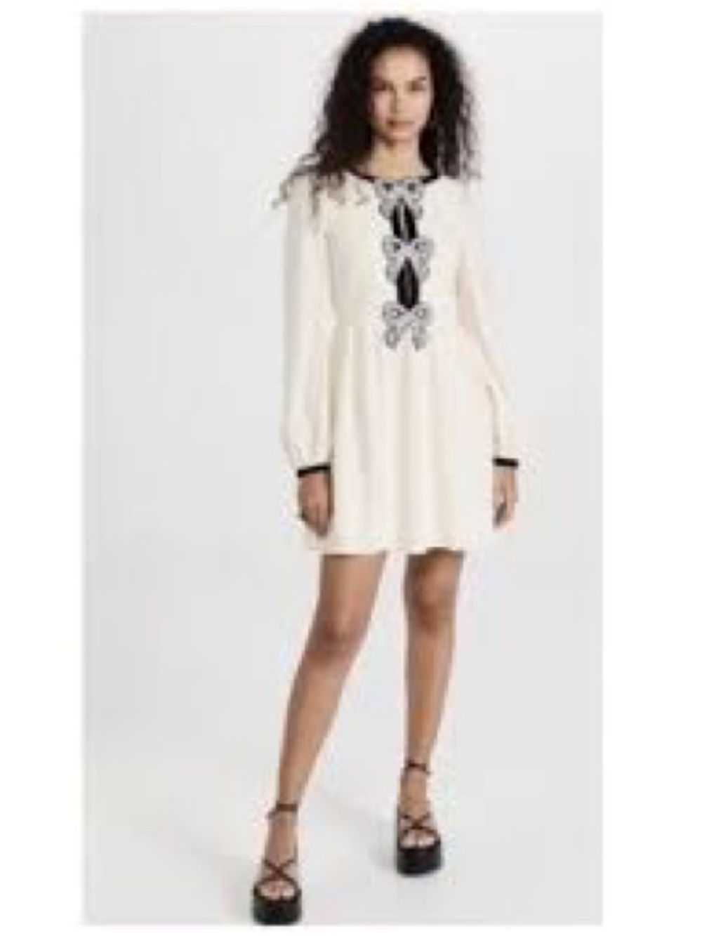 SALONI Cream Long Sleeve Mini Dress with Black Embroidery